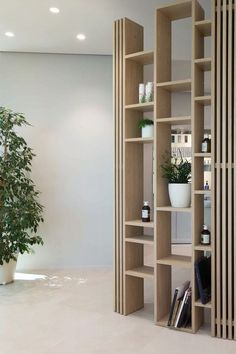 an open bookcase with plants and books on it next to a potted plant