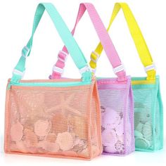 Tagitary Mesh Bags For Kids:High Quality And Bright Colored Netted Beach Bags Make It More Convenient For Children And Adults Alike To Collect Seashells At The Beach. The Bottom Is Designed To Expand To Allow For Collecting More Shells And Adding Additional Toys. Good For Carried On Kids Own Way:Designed Carefully To Provide Extra Space For Kids.Beach Bags Are Made Of Both Waterproof Cloth And Mesh Cloth. If Sand And Water Enter, They Will Fall Out Easily. Zipper And Adjustable Straps Design: Ad Kids Beach Toys, Swimming Accessories, Beach & Sand Toys, Shells Beach, Mesh Beach Bags, Sand Toys, Pool Bags, Bags For Teens, Shell Beach