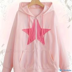 Orcajump - Star Patched Zip Up Hoodie, Casual Long Sleeve Drawstring Hoodies Sweatshirt With Pocket, Women's Clothing Star Hoodie, Shopping Wishlist, Slay Outfits, Kawaii Stuff, Fashion Tops Blouse, Cute Hoodie, Pink Star, Cute Outfits For School, Kawaii Aesthetic