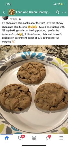 three chocolate chip cookies on a plate with the caption'dear aaron russell and lean and cream '