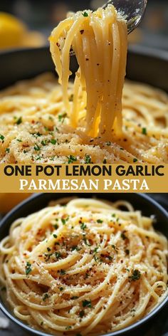 one pot lemon garlic parmesan pasta in a skillet with the title above it