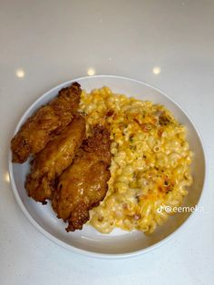 chicken and macaroni on a white plate