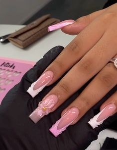 Pink 3d flower art french tip nails 3d Flower Art, Long French Tip Nails, Pretty Pink Nails, Ongles Gel French, Purple Acrylic Nails, Acrylic Toe Nails, Pink 3d, Colored Acrylic Nails, Girly Acrylic Nails