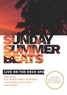 an event poster for the summer beats with palm trees and sunset in the background,