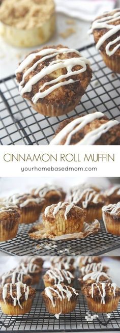 cinnamon roll muffins with icing on cooling rack