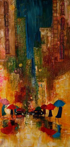 an abstract painting of people with umbrellas in the rain