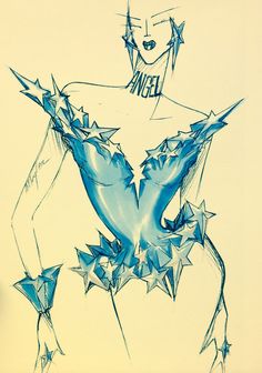 a drawing of a woman with blue stars on her chest and arms, in the shape of a star