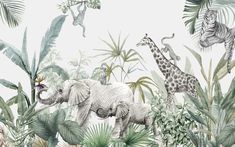 an animal themed wallpaper mural in a children's room with jungle animals and zebras