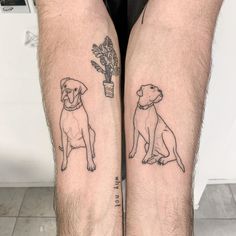 two tattoos on the legs of people with dogs and flowers in them, one has a plant