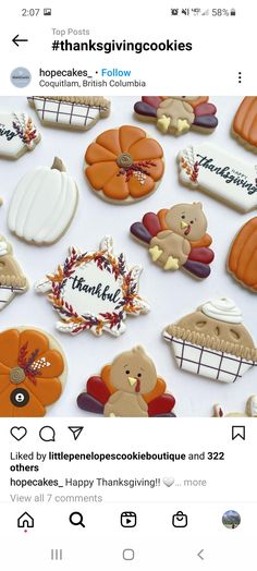 cookies decorated like turkeys and pumpkins with the words thank giving cookies