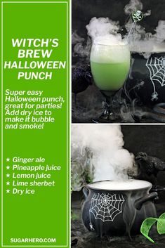 an advertisement for witch's brew halloween punch with green liquid in a caulder