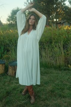 Our quintessential and loved cozy dress. Made with 100% raw silk and sewn with cotton thread. Color: un-dyed natural creme. One size fits most. Wash warm and tumble dry to soften. (don't hang dry!) Relaxed Cotton Lounge Dress, Oversized Cozy Dress For Spring, Relaxed Fit Cotton Dress For Lounging, Relaxed Fit Cotton Lounging Dress, Cotton Lounge Dress For Spring, Spring Cotton Dresses For Lounging, Cotton Dresses For Lounging In Spring, Long Sleeve Relaxed Fit Dress For Lounging, White Cotton Lounge Dress