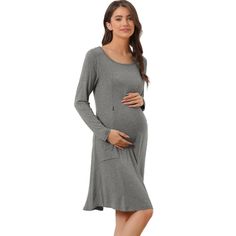 A flutter long-sleeved maternity dress is casual and versatile enough to snap a pic and then wear to your brunch with friends. Stretchy fabric provides a flexible fit for pregnant and postpartum women. A long-sleeved maternity dress features a round neck and slant pockets design, so you can even wear it postpartum. It is 3 in 1 maternity/delivery/nursing pajamas. The draped cut and unique and daily casual wear design, combined with a variety of color options, create a playful casual yet stylish Fall Maternity Bump Friendly Dresses, Fall Maternity Dresses Bump Friendly, Maternity Fall Dresses, Bump Friendly, Casual Maternity Dress For Brunch, Maternity Wear Bump Friendly Dress For Fall, Casual Solid Maternity Dress, Long Sleeve Maternity Dress For Fall, Long Sleeve Maternity Dress Nursing Friendly For Spring, Modest Long Sleeve Maternity Dress