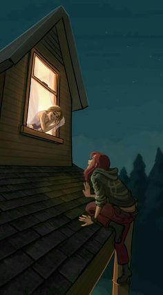 two people standing on top of a roof next to a house at night with one person looking out the window