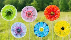 colorful wind chimes in the grass with trees in the background