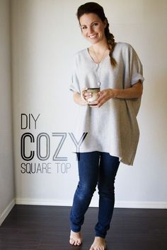 a woman is holding a cup in her hand and standing next to a sign that says diy cozy square top