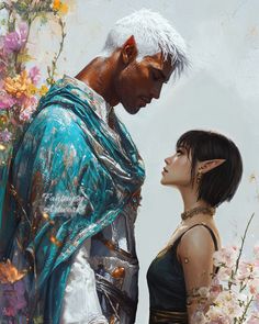 two people standing next to each other in front of flowers and plants, one with white hair