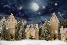 a christmas scene with houses and trees in the snow