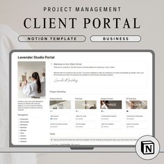 a computer screen with the words project management client portal on it and an image of a woman