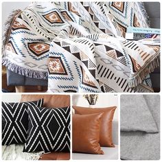 four different pictures of pillows and blankets on a couch with the same pattern as they appear