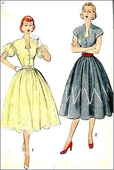 two women's dresses, one in yellow and the other in grey with red shoes