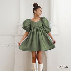 Lasaky - Cotton Bubble Sleeve Loose Neck Short Skirt Solid Color Dress Women Cotton Dress, Women's A Line Dresses, Mini Dress Fashion, Loose Fitting Dresses, Bubble Sleeve, Solid Color Dress, Sleeves Clothing, Mini Dress Casual, Dress Silhouette