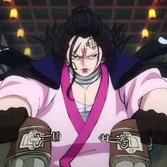 an anime character with black hair and gloves