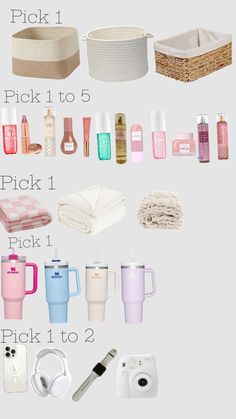 the contents of a travel bag are shown in different colors and sizes, including pink, white