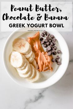 peanut butter, chocolate and banana greek yogurt bowl on a marble counter top