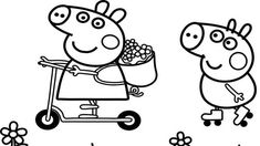 peppa pig riding a scooter with flowers in his hand and the pig is holding