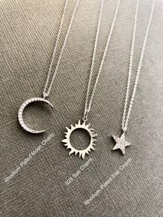 Sun and moon necklace, celestial necklace, Minimalist necklace, dainty Moon necklace, Silver Star necklace friendship necklace crescent moon We all shine and have own purpose in life. Wear this dainty sparkling piece of necklace and remind yourself how beautiful you are. Our Sun + Moon + Star collection is so dainty and high quality that is great to share with your Sun, Moon and star friends or sisters. *925 Silver Sun measures approx. 4mm *Rhodium plated Moon Measures approx. 14mm x 17mm  ----- Dainty Moon Necklace, Bff Jewelry, Sun And Moon Necklace, Star Necklace Silver, Necklace Moon, Bff Necklaces, Friend Jewelry, Best Friend Jewelry, Celestial Necklace