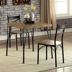 Furniture of America Banbury 3-Piece Dining Room Set (Gray / Dark Bronze), CM3279T-29-3PK. Nothing blends distinctive style with convenient comfort quite like this industrial Banbury 3-Piece Dining Room Set by Furniture of America. Combining sturdy metal with light wood tones, this table showcases sleek rounded corners supported by unique triple-bar legs. The weathered seats of the chairs complement the design and add contrast to the dark metal frame. This table set showcases casual comfort and reliable support to last for years to come. Furniture of America Banbury Collection, SKU: CM3279T-29-3PK Square Dining Table Set, Farmhouse Dining Table Set, 3 Piece Dining Set, Metal Table Top, Solid Wood Dining Set, Dark Metal, Vintage Industrial Furniture, Industrial Table, Farmhouse Dining Table