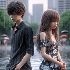 two people are standing in the rain with umbrellas behind them and one is wearing a dress