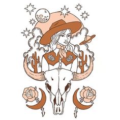 a drawing of a woman in a cowboy hat sitting on top of a cow skull