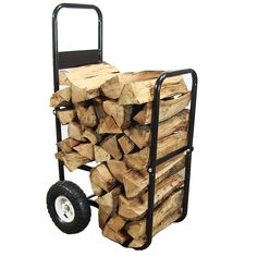 a hand truck filled with firewood stacked on top of it's wheels,