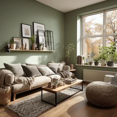 a living room filled with lots of furniture next to a large window covered in potted plants