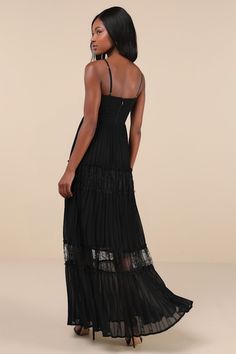 The compliments will never end once you make your entrance in the Lulus Stunning RSVP Black Pleated Lace Sleeveless Bustier Maxi Dress! Airy woven chiffon shapes this memorable dress that falls from adjustable spaghetti straps into a sweetheart neckline and a bustier-style bodice with supportive boning. High, fitted waist tops an accordion-pleated, A-line skirt that boasts ruffled, sheer lace panels as it falls to an elegant maxi hem. Hidden back zipper/clasp. Fit: This garment fits true to size Chiffon Spaghetti Strap Maxi Dress For Night Out, Chiffon Maxi Dress With Spaghetti Straps For Night Out, Black Summer Maxi Dress With Corset Back, Black Spaghetti Strap Dress With Pleated Bodice, Black Dress With Pleated Bodice And Spaghetti Straps, Black Sleeveless Maxi Dress With Corset Back, Black Dress Outfit Wedding, Pleated Bustier, Black Tie Wedding Guests