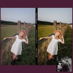 two pictures of a woman in a white dress and hat leaning on a wooden fence