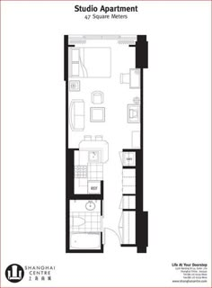 the studio apartment floor plan is shown in black and white, with two separate rooms