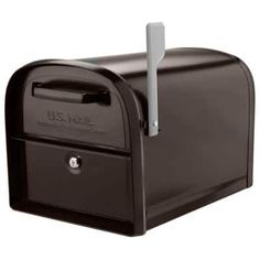 a black mailbox with a white handle