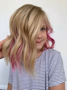 Colored Hair Streaks Blonde, Hair Cuts For 5 Year Girl, Blonde Highlights With Color Streak, Haircuts For 5 Year Girl, Haircut For 5 Year Girl, Kids Peekaboo Hair Color, Colored Peekaboo Highlights, Girls Hair Color Ideas Kids, Girls Hair Dye Ideas