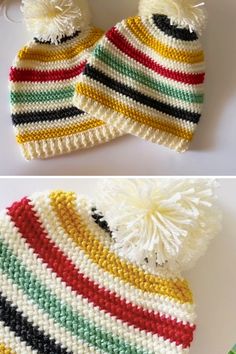 crocheted beanie hat with pom - pom on the top and bottom