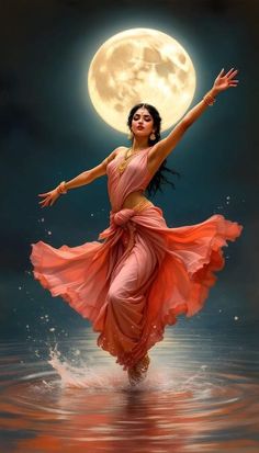 a woman is dancing in the water with a full moon above her head and arms outstretched