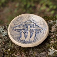 a blue and white plate sitting on top of a moss covered tree stump in the woods