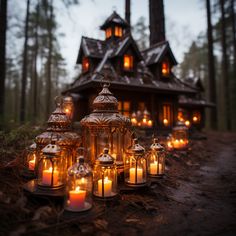 many lit candles in front of a house