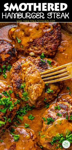 a close up of meat with gravy in a skillet