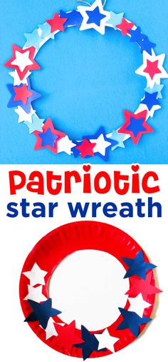 paper plate patriotic star wreath with the words patriotic on it and an american flag background