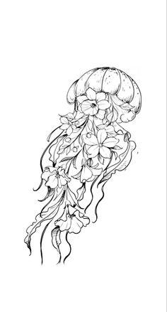 a drawing of a jellyfish with flowers on it's head and long tentacles