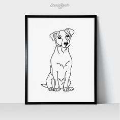 a black and white drawing of a dog sitting in front of a frame on a wall