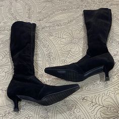 New! Stuart Weizmann. Never Worn. Black Stretch Suede. Size 5. 2.5 Inch Kitten Heel. Need To Have Skinny Calves For These! Size 5. Fitted Boots With Suede Lining And Almond Toe, Fitted Heeled Boots With Suede Lining And Almond Toe, Fitted Almond Toe Heeled Boots With Suede Lining, Fitted Suede-lined Heeled Boots With Almond Toe, Fitted Low Heel Heeled Boots With Leather Sole, Elegant Low Heel Boots With Suede Lining, Fitted Low Heel Boots For Formal Occasions, Formal Fitted Heeled Boots With Round Toe, Formal Fitted Low Heel Boots